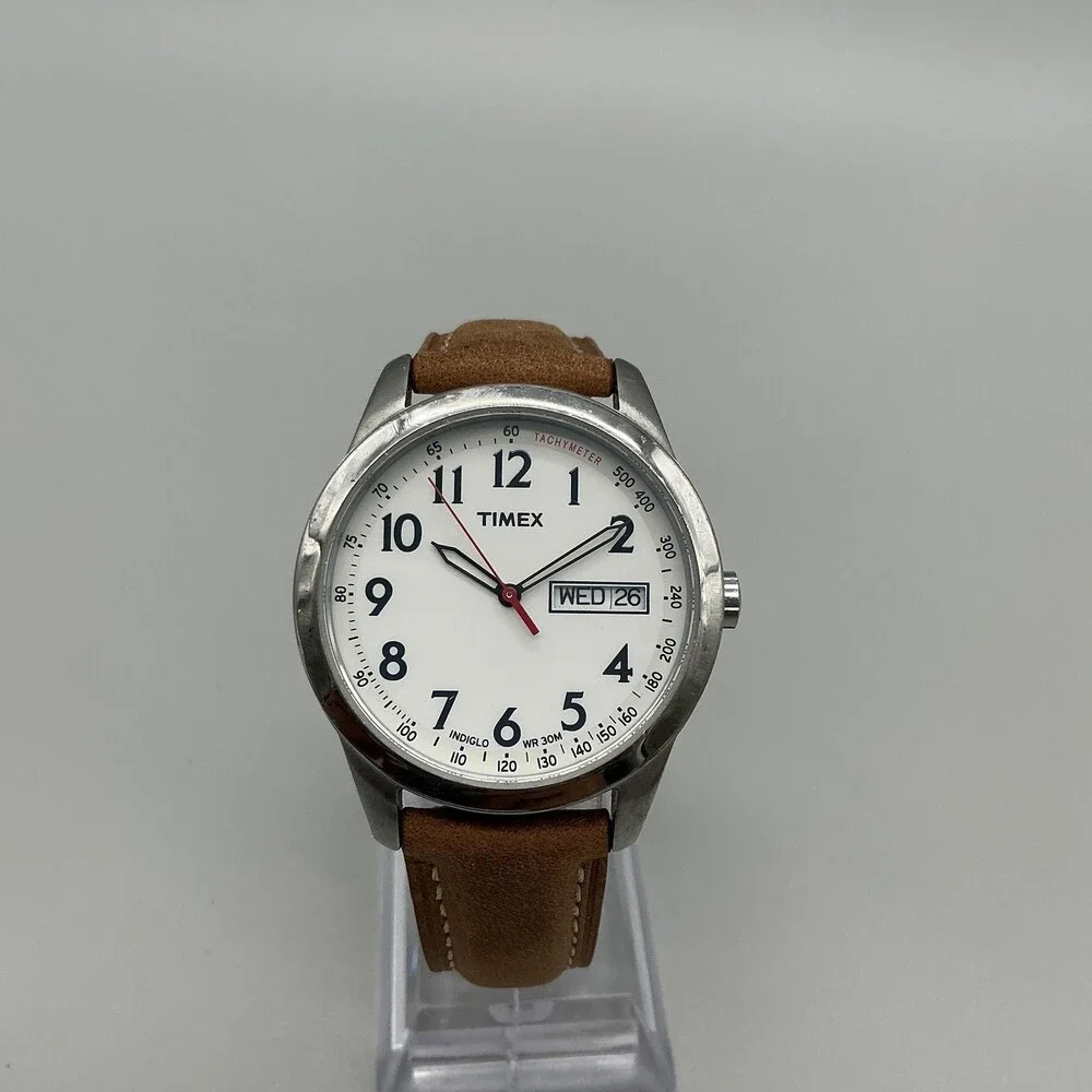 Timex Indiglo Mens Watch 36mm White Dial Brown Leather Day Date New Battery